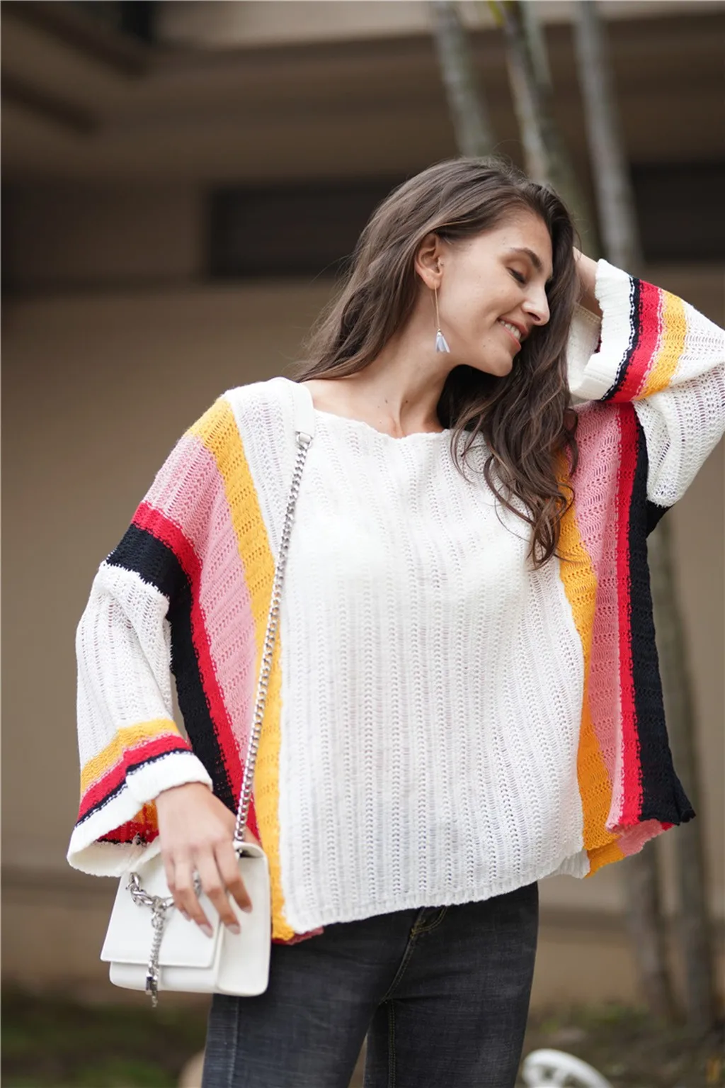 Kvinder Patchwork Sweater Colorblock Lange Ærmer Vinter Pullover Vintage Stilfulde Strikkede Trøjer Mode Blød Varm sweater Toppe