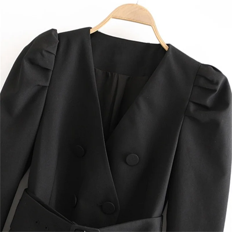 ZXQJ Kvinder 2020 Mode Vintage Stilfulde Kontor Slid Dobbelt Breasted Blazer Lang Puff Ærmer Med Bælte Kvindelige Overtøj Smarte Toppe