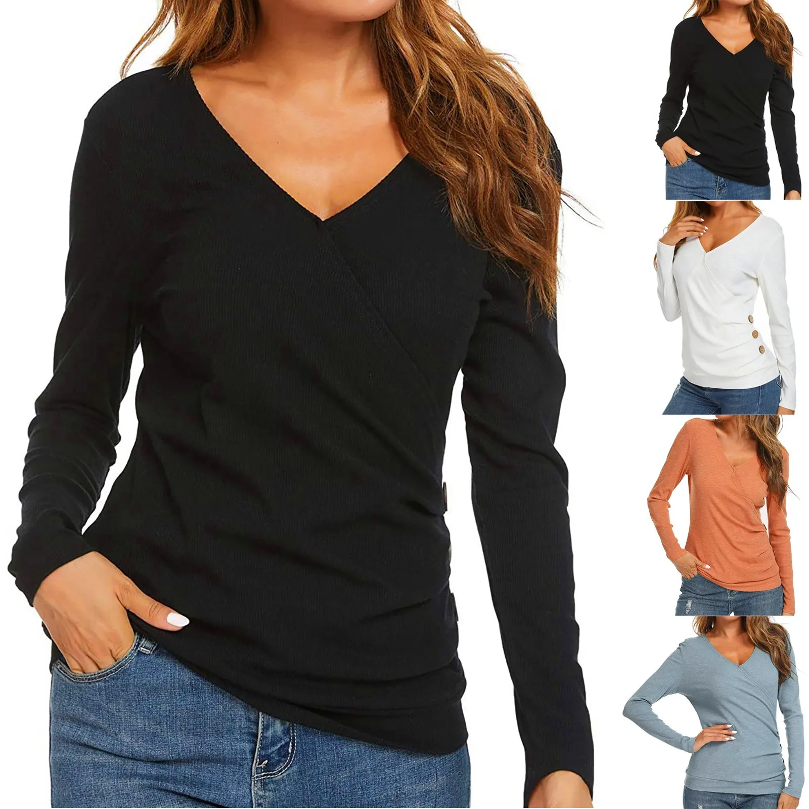 Womens V-Neck langærmet T-Shirt Casual Basic Toppe Bluse Efterår og vinter fashion ladies casual solid farve base T-shirt