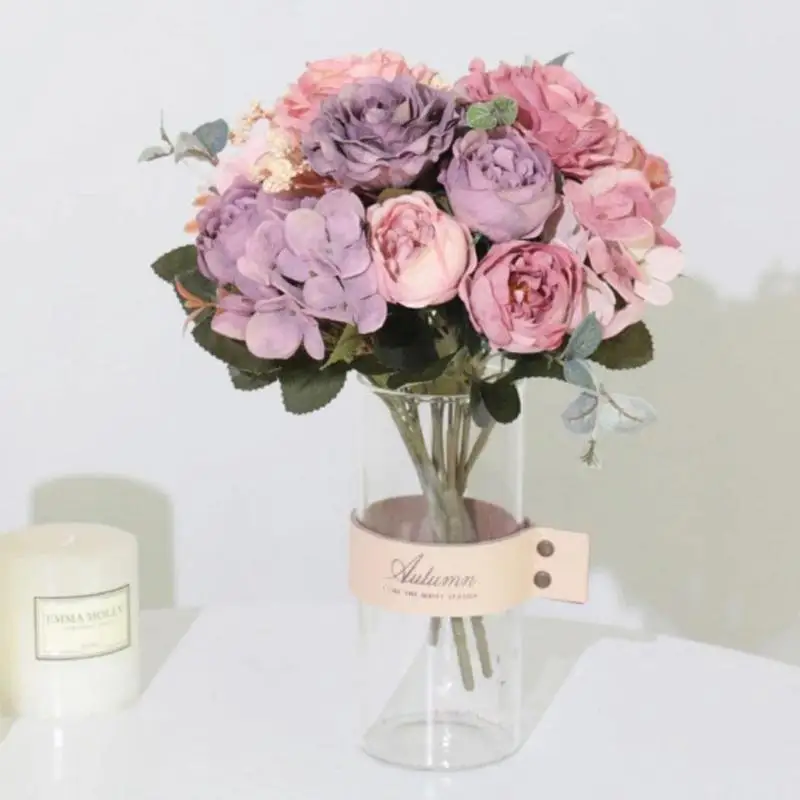 Smuk Hortensia Roser, Kunstige Blomster Til Hjemmet Bryllup Kvalitet Dekorationer Høj Efteråret Falske Mousse Buket Blomster Pe G5F5