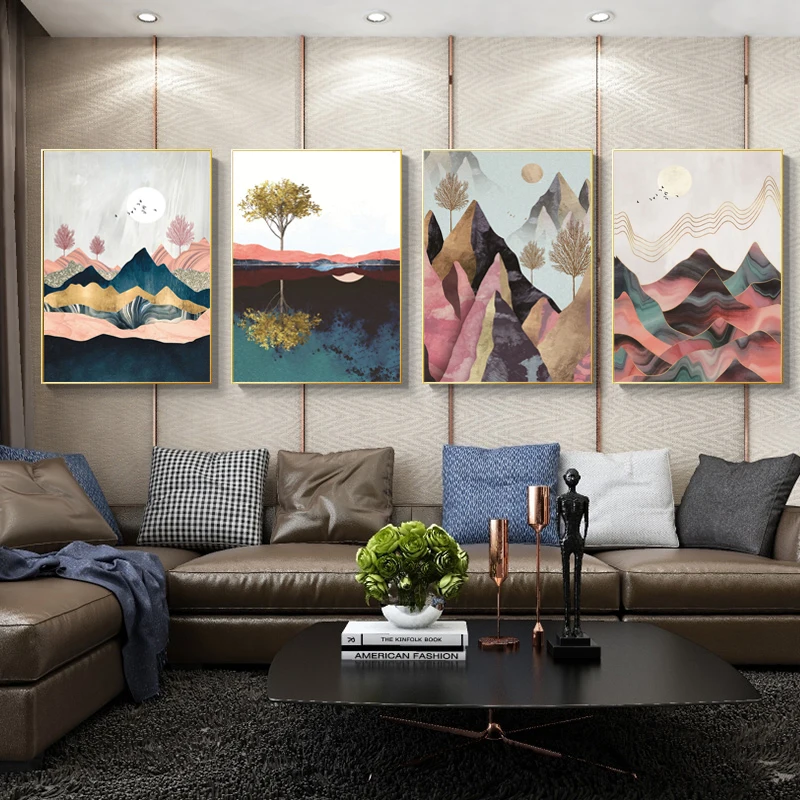 Moderne Abstrakte Landskab Home Decor Nordiske Lærred Maleri Væg Kunst Mountain Sunrise Prints og Plakater til stuen
