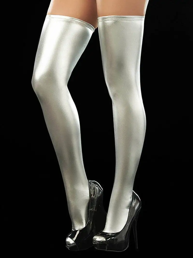 Nye hot Erotisk Fetish Clubwear Kostumer lady imiteret læder Blonder Strømper Sexet wetlook sort sølv Bodystocking Lingeri