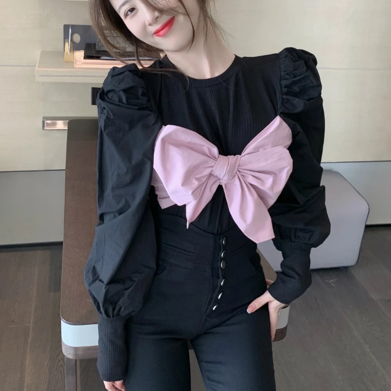Kimotimo Bluse Shirt Kvinder 2020 Efteråret Lang Puff Ærmer Bue Kawaii Sød Chic Koreanske Toppe, Elegant Vintage Blusas De Mujer