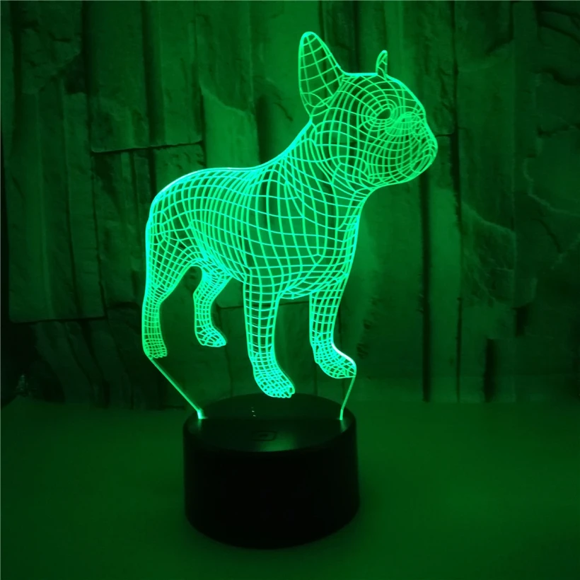 Nye 3D-Illusion fransk Bulldog Nat Lys 7 Farve Blinkende LED bordlampe USB-Touch Remote Akryl Julegave til Børn