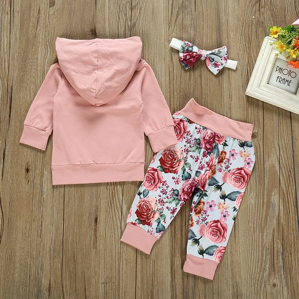 Toddler Baby Girls Fashion Harbin Blomster Trykt Hoodie Sweatshirt Tops+Bukser+Pandebånd Tøj Varmt tøj L1211