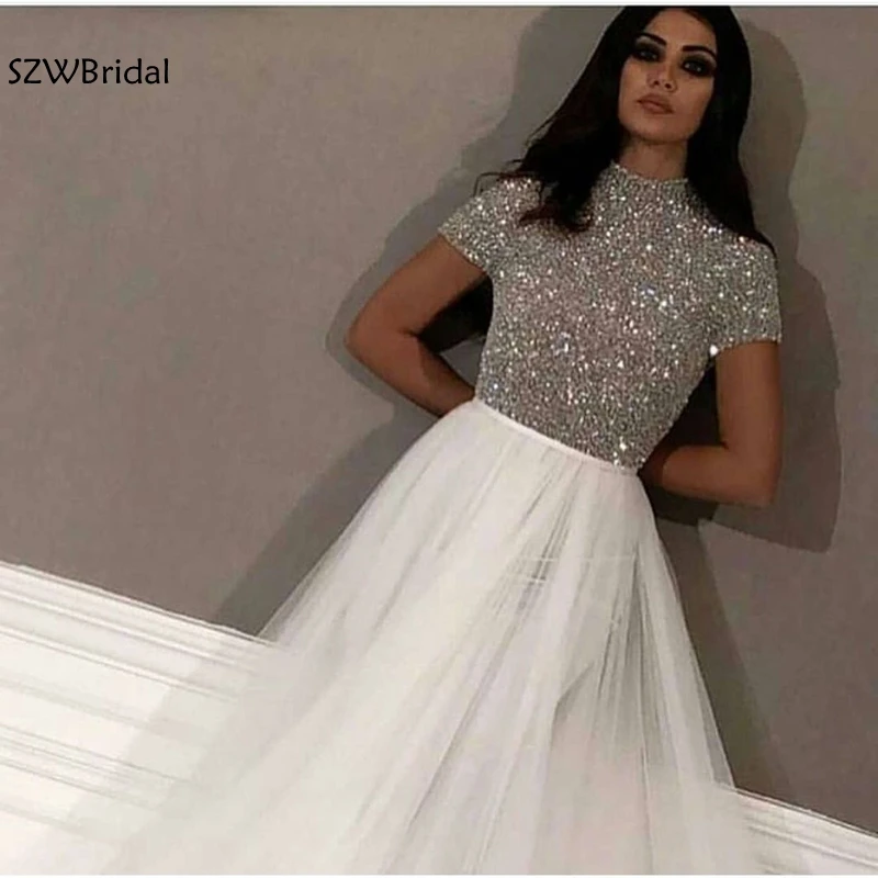 Nye Ankomst Cap sleeve Hvid Aften kjoler Lange Dubai arabisk aften kjoler Sølv Beading Formel kjole Part robe de soiree