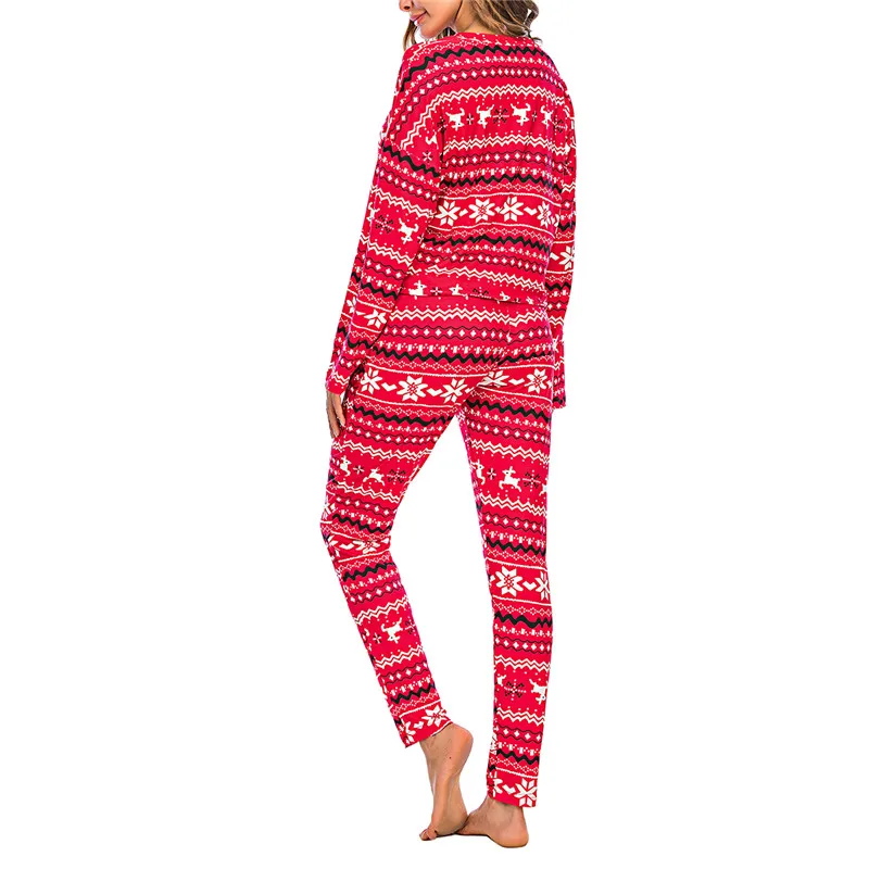 Kvinder Jul Print Pyjamas Sæt Vinter Med Lange Ærmer Rund Hals Mælk Silke Pullover Top Elastisk Talje Bunde Nattøj Bukser