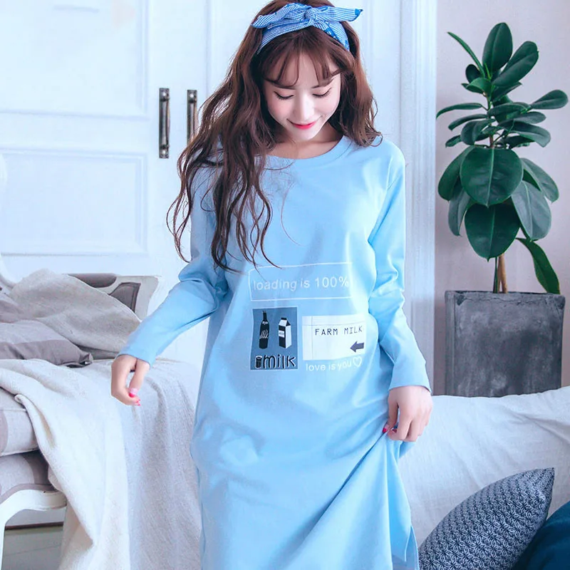Sleepshirts Kvinder med Lange Ærmer O-hals Trykt i Høj Kvalitet Kvinders Natkjole koreansk Stil Behagelig Fritid Hunner Hjem Tøj
