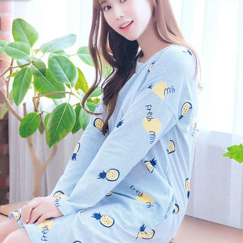 Sleepshirts Kvinder med Lange Ærmer O-hals Trykt i Høj Kvalitet Kvinders Natkjole koreansk Stil Behagelig Fritid Hunner Hjem Tøj
