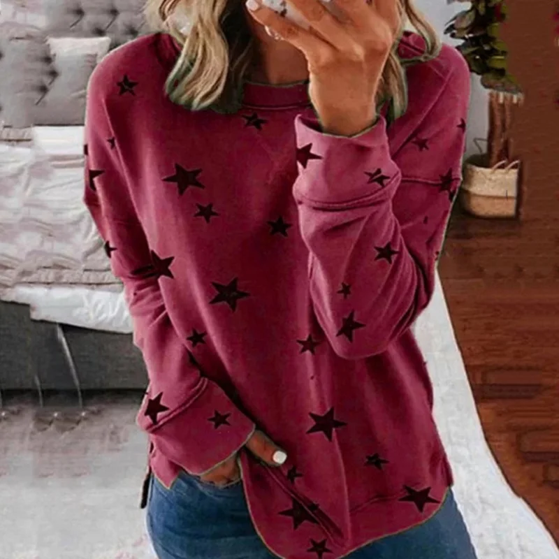 2020 Efteråret Kvindelige Stjerne Print Løs I Stor Størrelse Langærmet T-Shirt, Bluse Damer Pullover Casual Sweatshirt Toppe