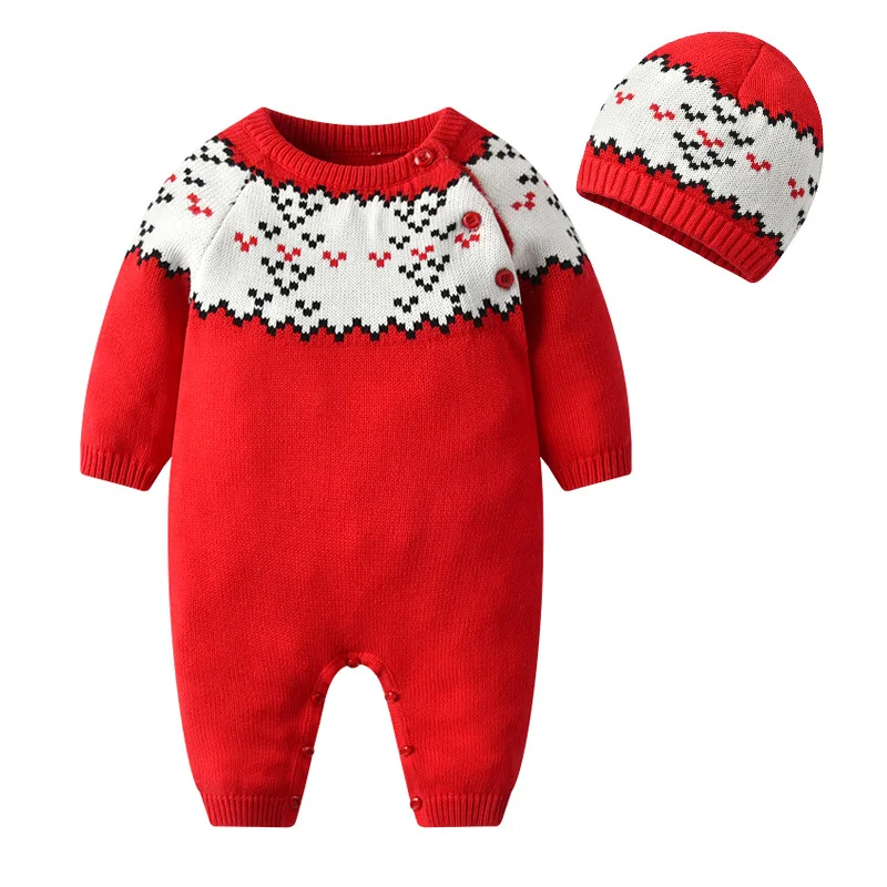 Ny nyfødte baby pige vinter tøj strikket spædbarn sweater cardigan bomuld rød festlige uld baby pige sparkedragt Og hat sæt