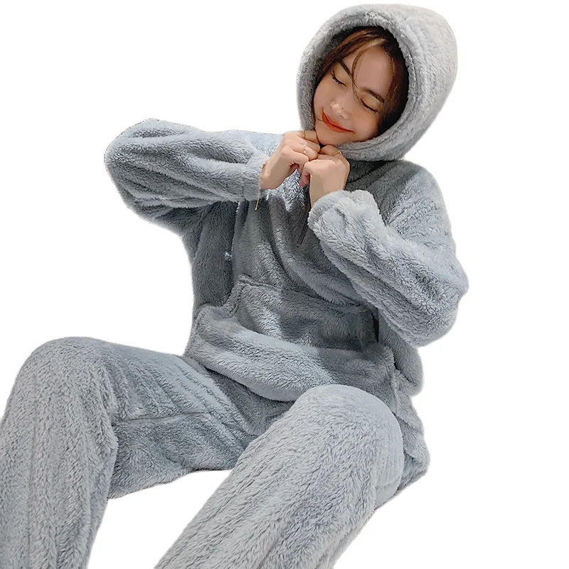 2 Stk Kvinders Pyjamas Sæt i Velour Nattøj Lynlås Lomme Hætteklædte Søde Pijamas Pige, Varm, Homewear Pyjamas koreansk Mode