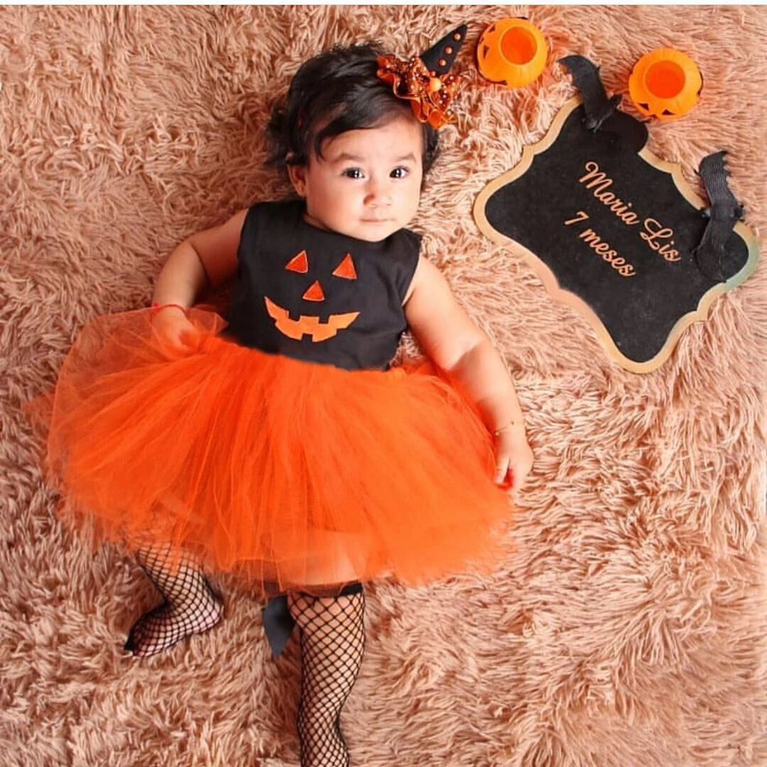 Toddler Baby Piger Halloween Mode Kjole, Spæde Børn, Orange og Sorte Ærmer og Rund halsudskæring Garn Patch Kjole Outfit
