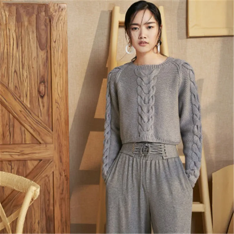 Håndlavet af ren uld Oneck strik kvinder streetwear solid løs super kort pullover sweater one&over størrelsen