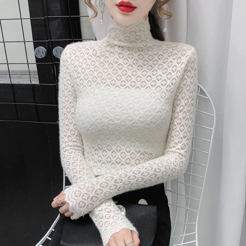 Kvinder Hule Ud Blonde Bluser 2021 Forår, Sommer Mode Med Lange Ærmer Gennemsigtig Damer Toppe Koreansk Tøj Casual Hvid Bluse