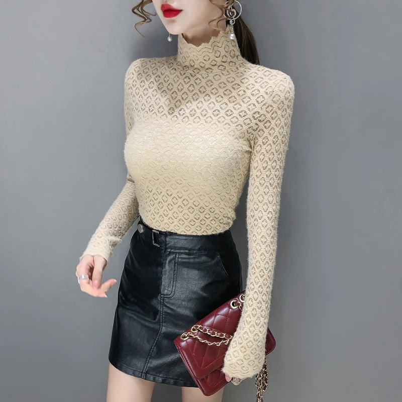 Kvinder Hule Ud Blonde Bluser 2021 Forår, Sommer Mode Med Lange Ærmer Gennemsigtig Damer Toppe Koreansk Tøj Casual Hvid Bluse