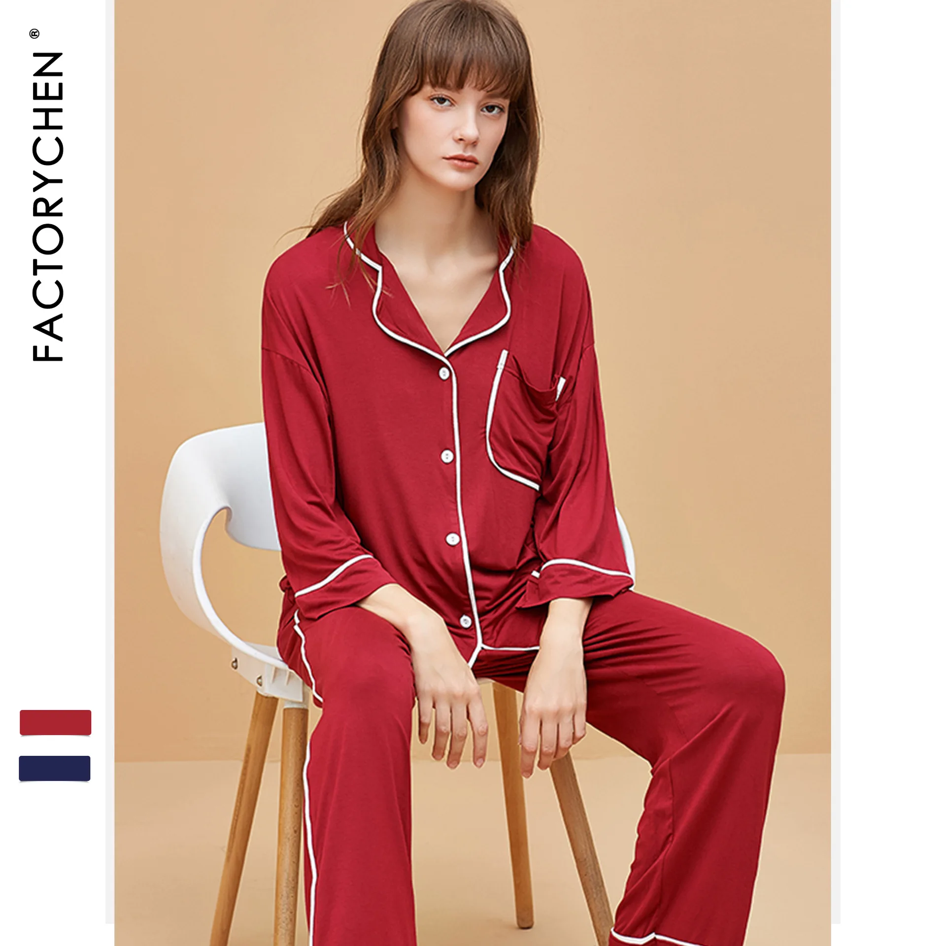 Efteråret Nye Europa Usa Modal Komfortable Revers Langærmet Cardigan Kvinder Pyjamas Sexet Pijamas Sæt Nattøj Loungewear