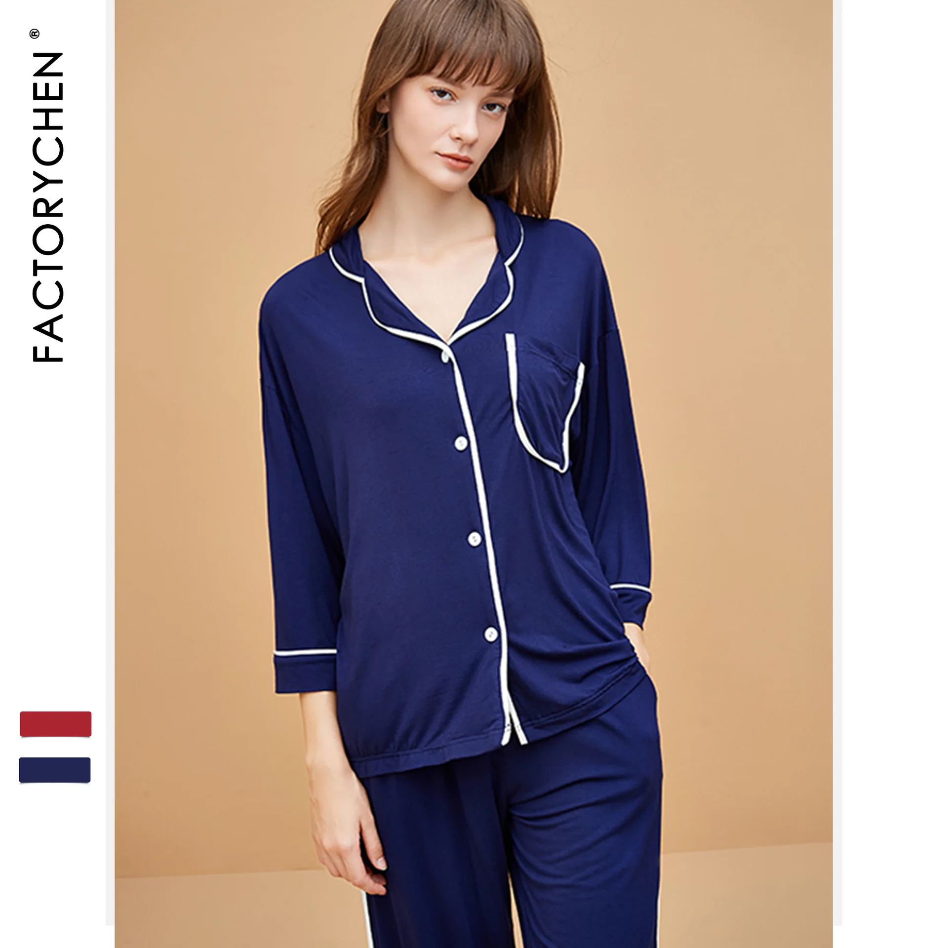 Efteråret Nye Europa Usa Modal Komfortable Revers Langærmet Cardigan Kvinder Pyjamas Sexet Pijamas Sæt Nattøj Loungewear