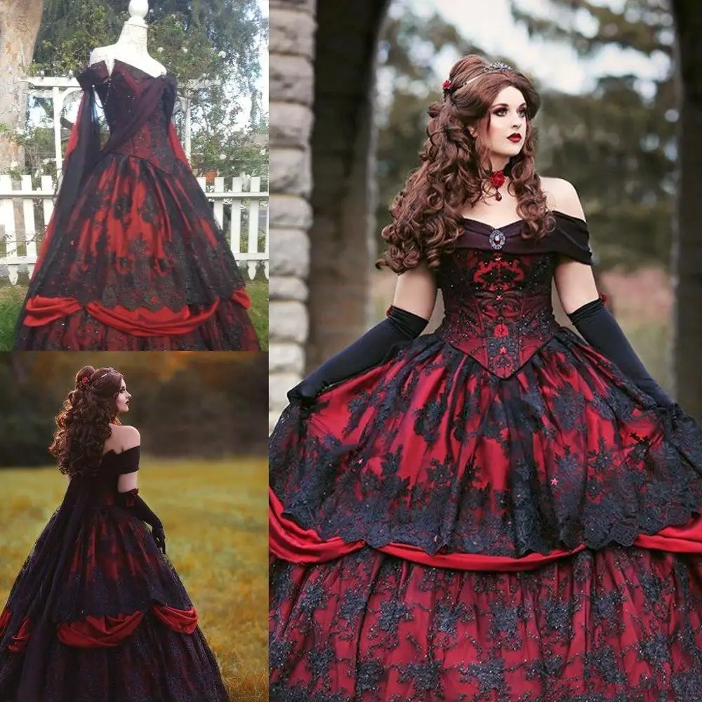 Vintage Rød og Sort brudekjoler 2021 Plus Size Lace Applique Blonder-up Tilbage Corset Top Gotiske Sleeping Beauty Bride Kjoler