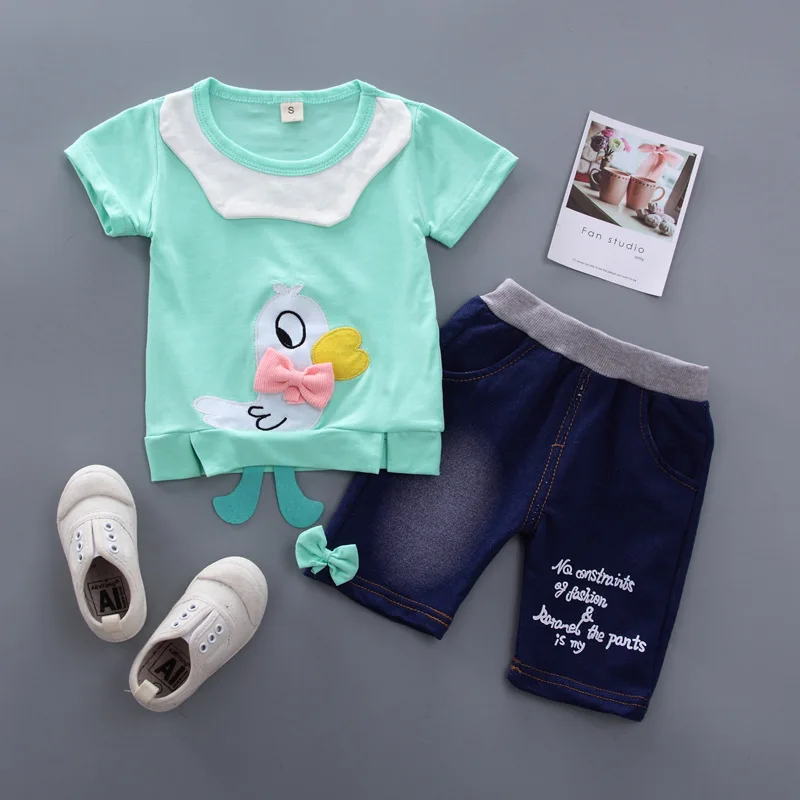 Toddler pige sommer tøj til børn tøj Sæt Tegnefilm Bomuld Pige T-shirts Demin Kort 2stk tøj Kids baby piger træningsdragt