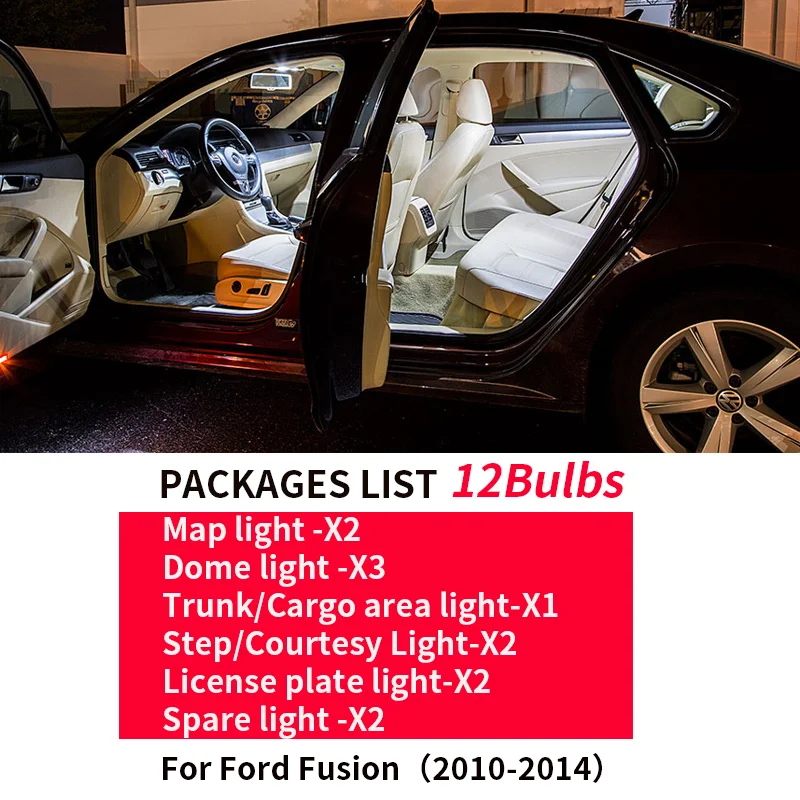 12Pcs Bil tilbehør Pærer Interior Package Kit For 2010-Ford Fusion Kort Nummerplade lys Bil Styling