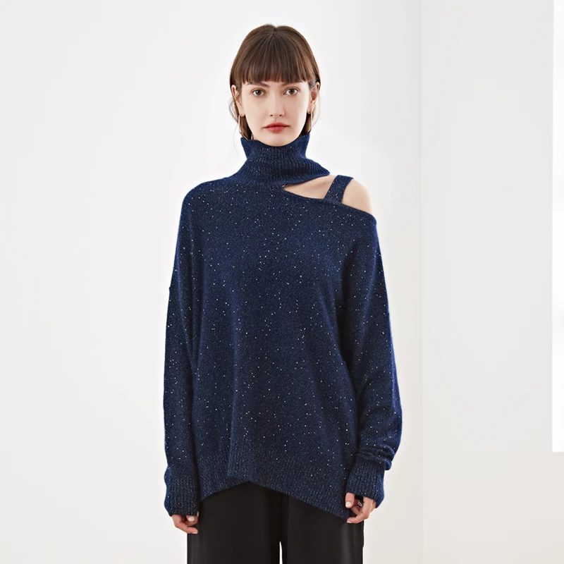 Vinteren 2020 Kvinder Tøj Løs Varm Paillet Sweater Off Skulder Høj Hals langærmet Sweater Kvinder Mode Strik