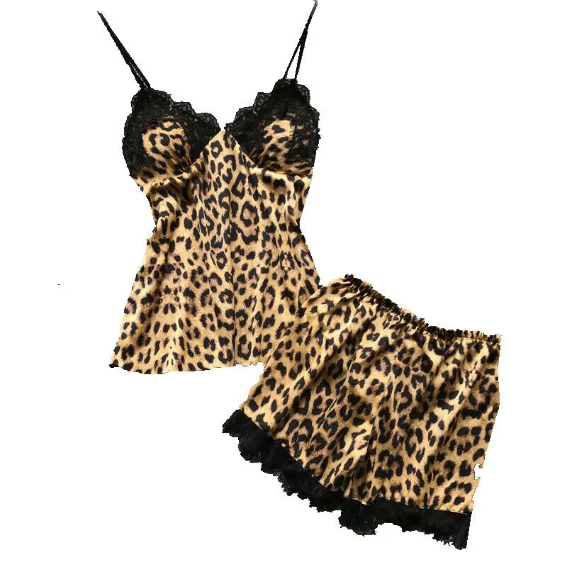 Lady Leopard Print 2stk Pyjamas Sæt Kvinder Sexy Satin Lace Nattøj Sæt Ærmeløs Rem Nightdress Elastisk Talje Shorts Sæt