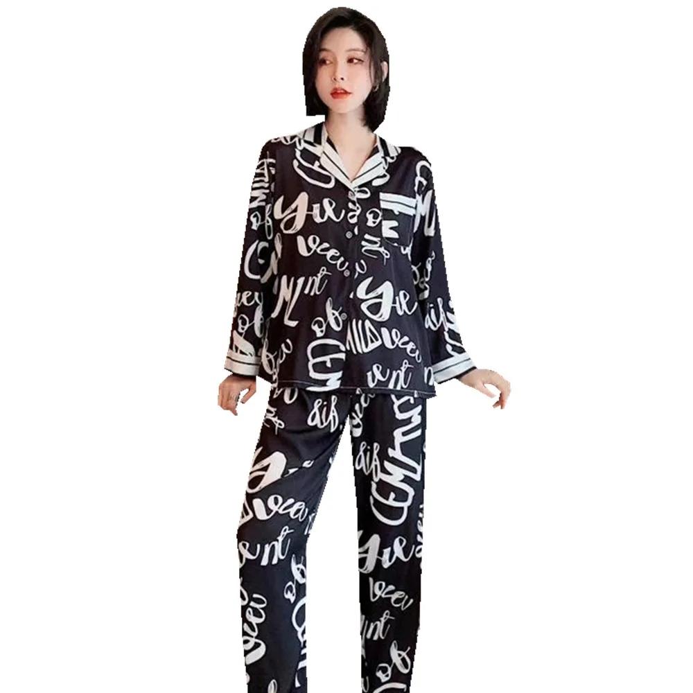 Sort og hvid kontrast store brev mode cool pyjamas, der passer Revers udskrivning kvinders luksus is silke tøj hjem