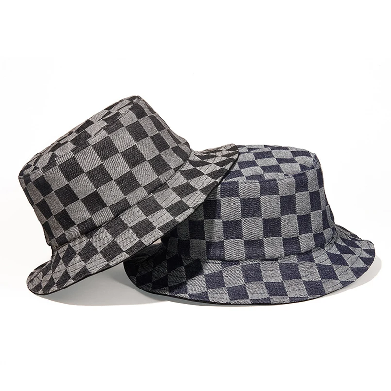 Ny Mode Bomuld-Dobbelt-sidet Bucket Hat Mosaik Firkantet Gitter Denim Hip Hop Rap Hat Bucket Hat Mænd Denim Bucket Hat til Kvinder