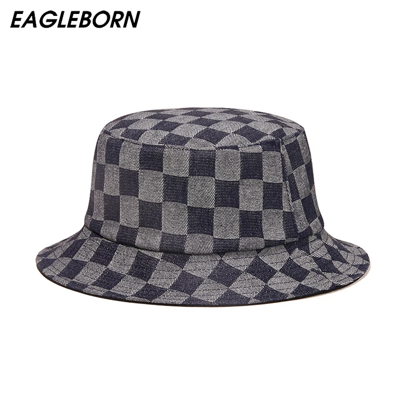 Ny Mode Bomuld-Dobbelt-sidet Bucket Hat Mosaik Firkantet Gitter Denim Hip Hop Rap Hat Bucket Hat Mænd Denim Bucket Hat til Kvinder