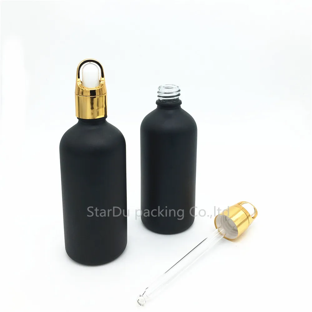 480pcs 100 ml sort matteret glas æterisk olie flaske med guld Blomst kurv ring dropper glas parfume flaske