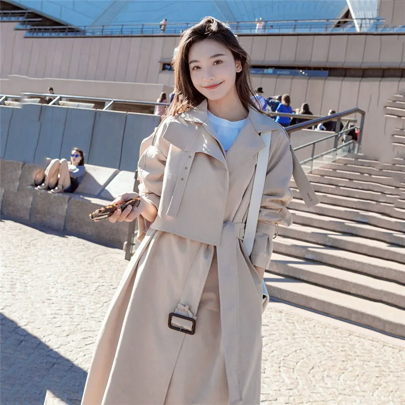 Fashion nye 2020-Forår Efterår Lange trenchcoats Kvinders koreanske Løs bælte Britisk stil værktøjsholder-Vindjakke overtøj B302