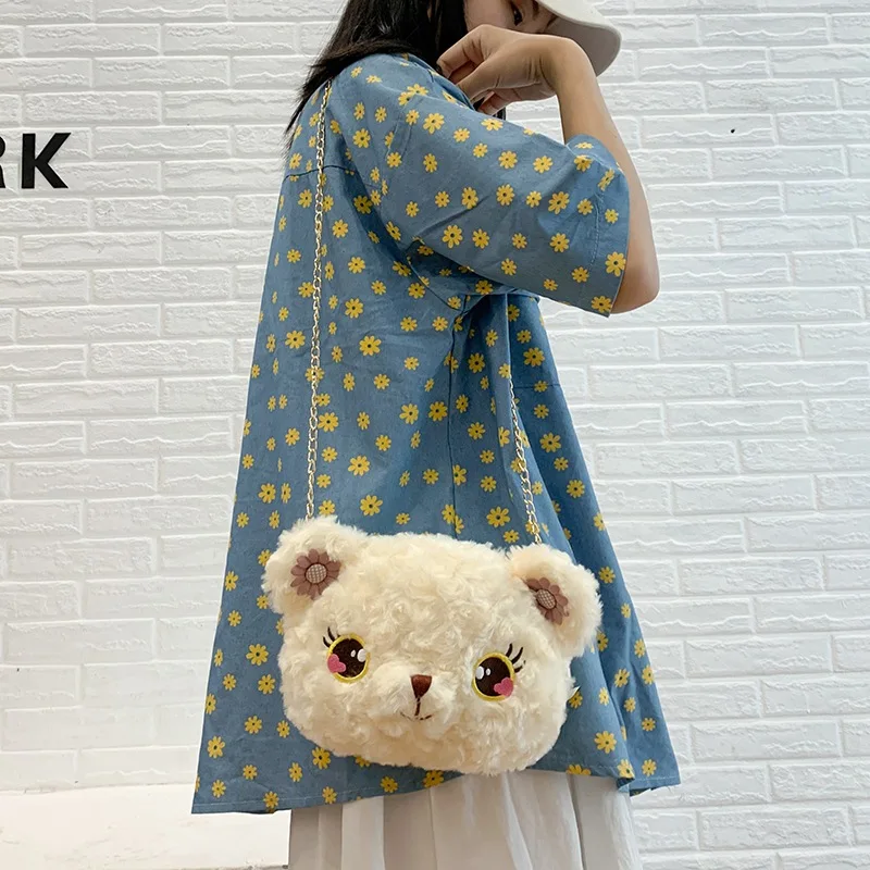 Koreansk-Stil Tegnefilm Sød Bjørn Fløjl Pose Furry Messenger Taske 2020 Ny Stil Bære skuldertaske Pige Kæde Telefon Taske