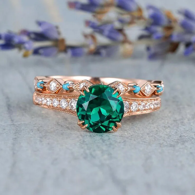 2020 Nye Mode Rosa Guld Farve, Runde, Grønne Zircon To Stykke vielsesringe Piger Kvinder Forslaget ring Engagement Ring Smykker