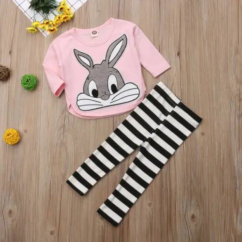 Kids Baby Piger Bunny Tøj Toppe, T-Shirt + Stribede Bukser Træningsdragt Udstyr 6M-5T