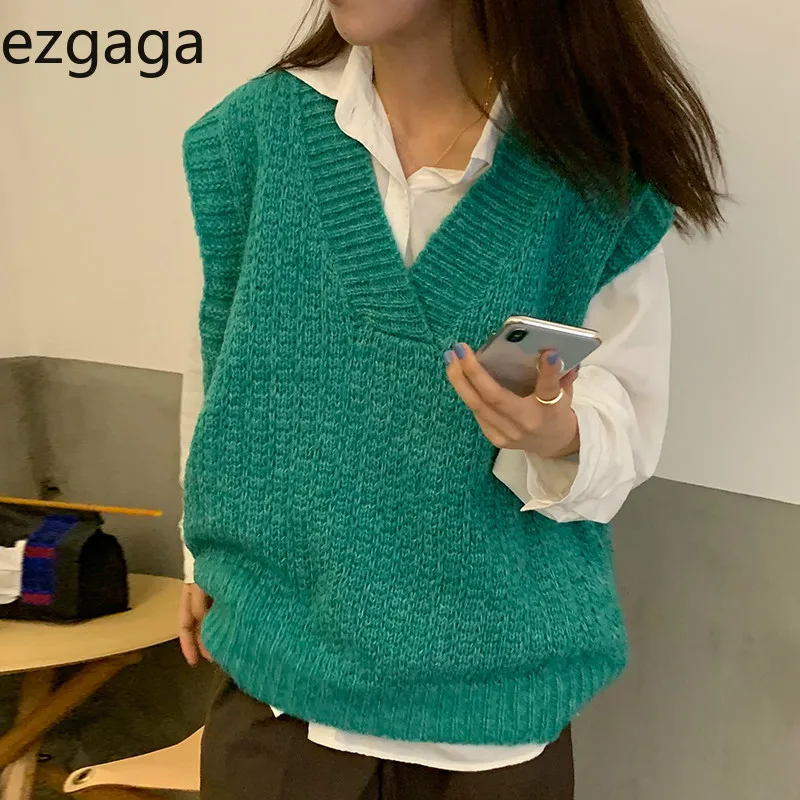 Ezgaga To delt Sæt Kvinder V-Hals Løs Sweater Vest og Afslappet langærmet Shirts, Strik Pullover Streetwear 2 Stykke Udstyr 2020
