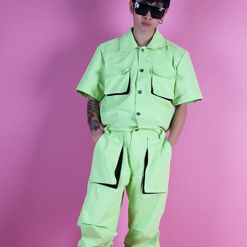 2020 Nye Mænd Lys Grøn Fluorescerende Leggings Buksedragt Set Tre-dimensional Pose Bukser Hip Hop Mens Fase Kostume Bukser M-4xl