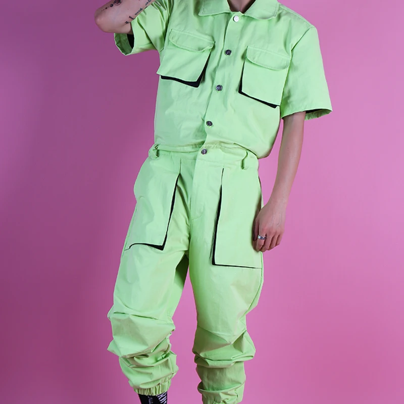 2020 Nye Mænd Lys Grøn Fluorescerende Leggings Buksedragt Set Tre-dimensional Pose Bukser Hip Hop Mens Fase Kostume Bukser M-4xl