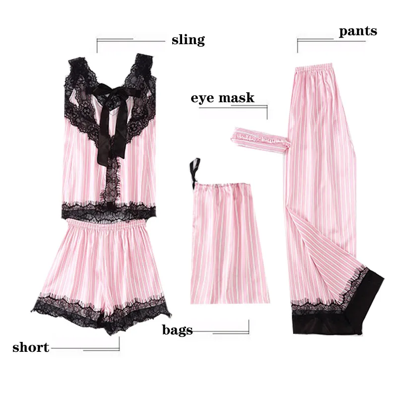 6 Stykker Vinter Pink Kvinders Pyjamas Sæt Emulering Satin Silke Print Stribede Pyjamas Efteråret Sexede Kvindelige Nattøj Hjem Passer til