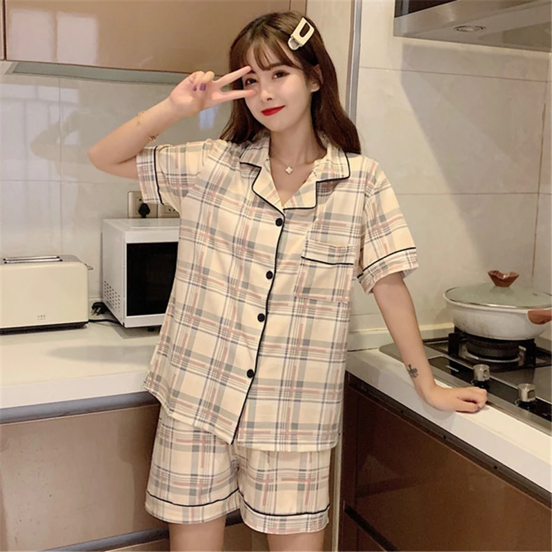 Pyjamas kvinder sommer mode gitter 2PC koreanske cardigan, kortærmet damer afslappet nattøj home service, der passer pijamas kvinder