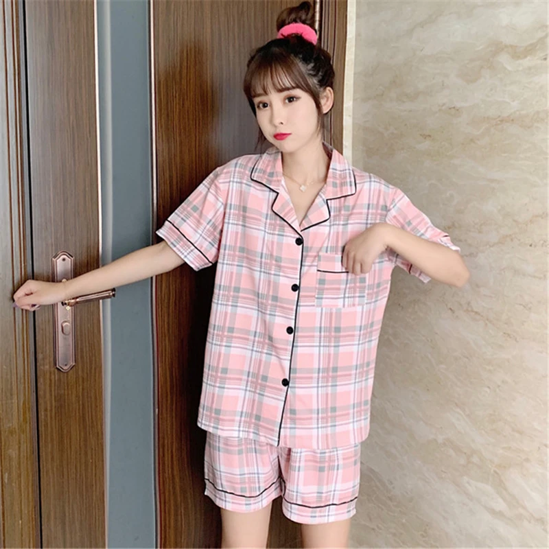Pyjamas kvinder sommer mode gitter 2PC koreanske cardigan, kortærmet damer afslappet nattøj home service, der passer pijamas kvinder