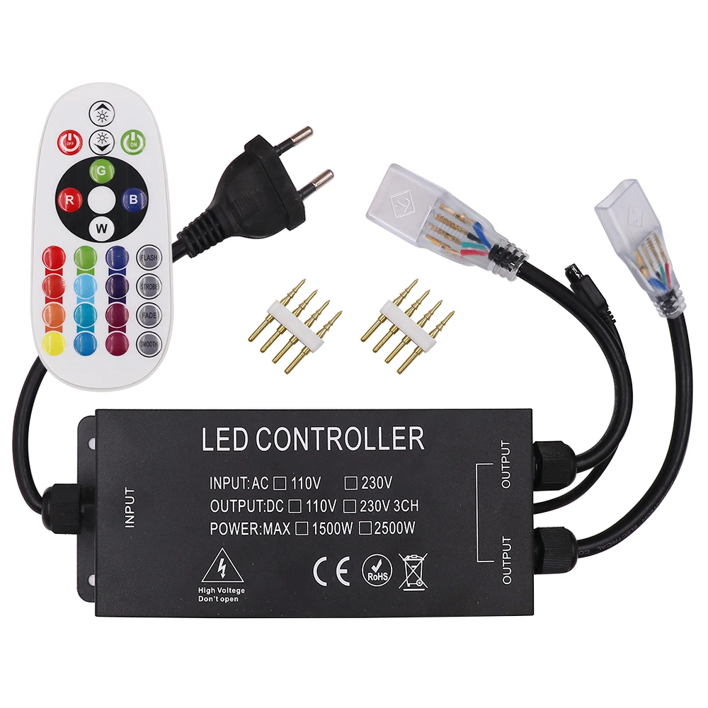 220V 110V 5050 RGB LED Strip Light Controller Lysdæmper 24Key Fjernbetjening 10MM PCB LED Strip Plug Tilbehør OS, EU, UK, AU