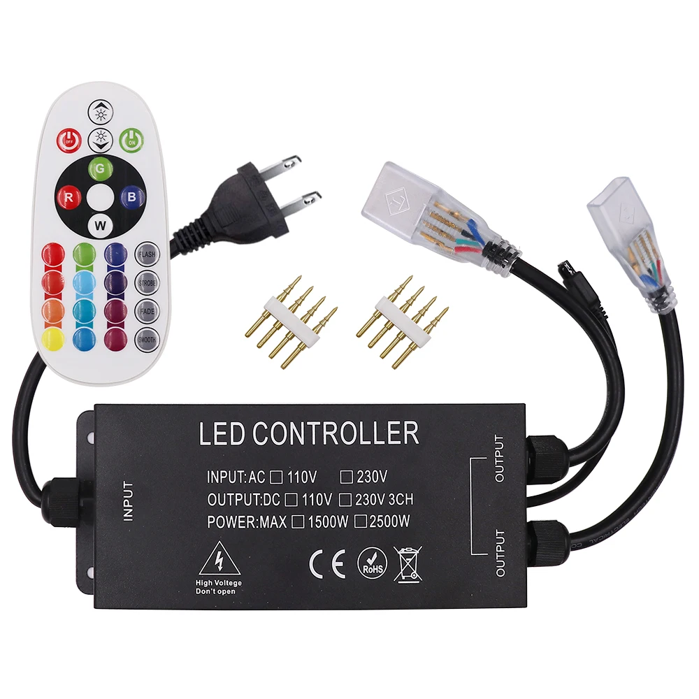 220V 110V 5050 RGB LED Strip Light Controller Lysdæmper 24Key Fjernbetjening 10MM PCB LED Strip Plug Tilbehør OS, EU, UK, AU