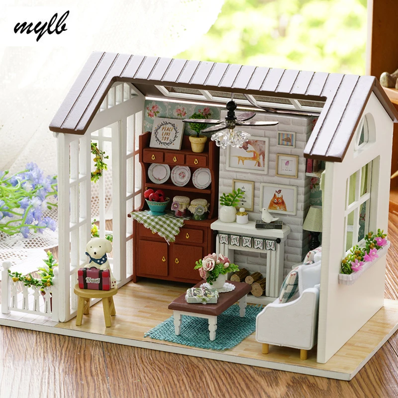 Drop shipping dukkehus Miniature DIY Dukkehus Med Møbler sommerhus i Træ Legetøj For Børn Gave Lykkelige Tider