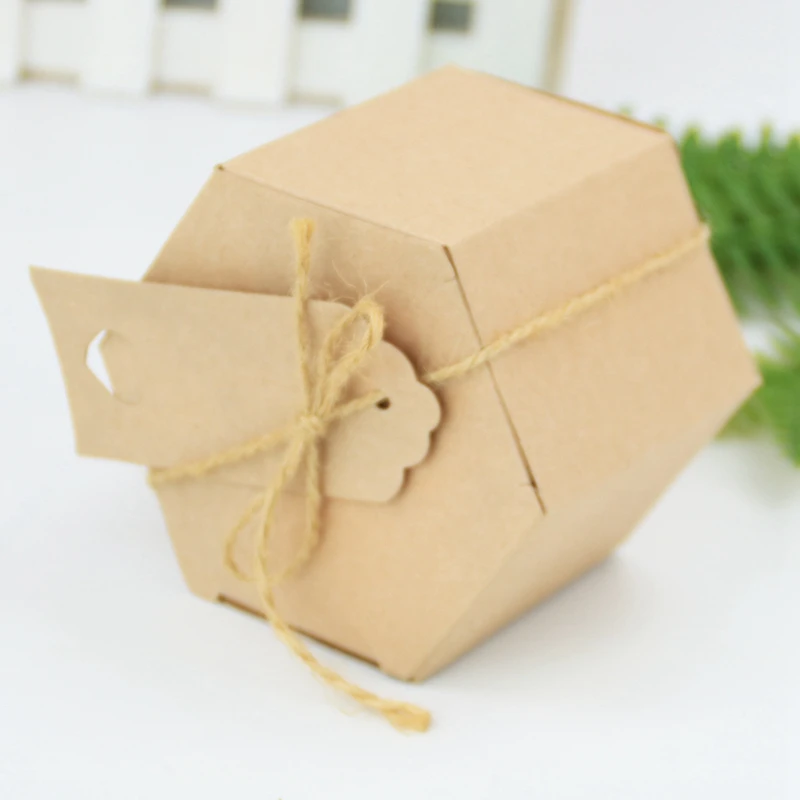 50stk Kraftpapir Candy Box, Sekskantet Æske Slik Kasse gaveæske, med Sejlgarn, og Tag, Bryllup Part Forsyninger