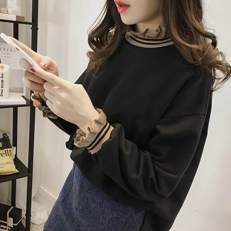 Forår Efterår Nyt Solid Farve Pjusket Plus Size Shirt Koreansk Stil, Casual Løs Rullekrave Langærmet Bluse Kvinder