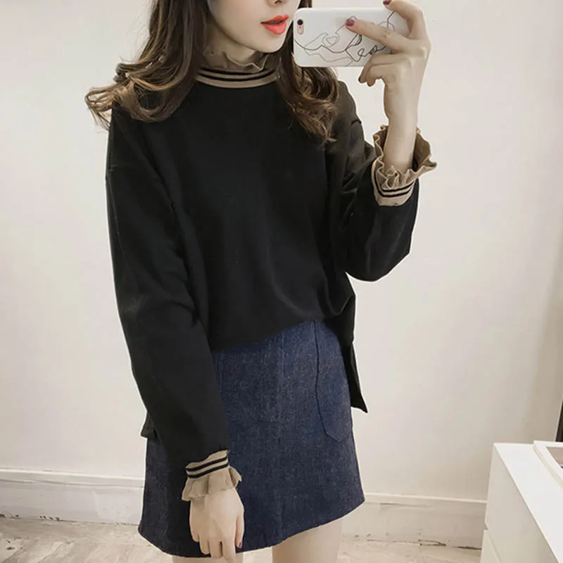 Forår Efterår Nyt Solid Farve Pjusket Plus Size Shirt Koreansk Stil, Casual Løs Rullekrave Langærmet Bluse Kvinder