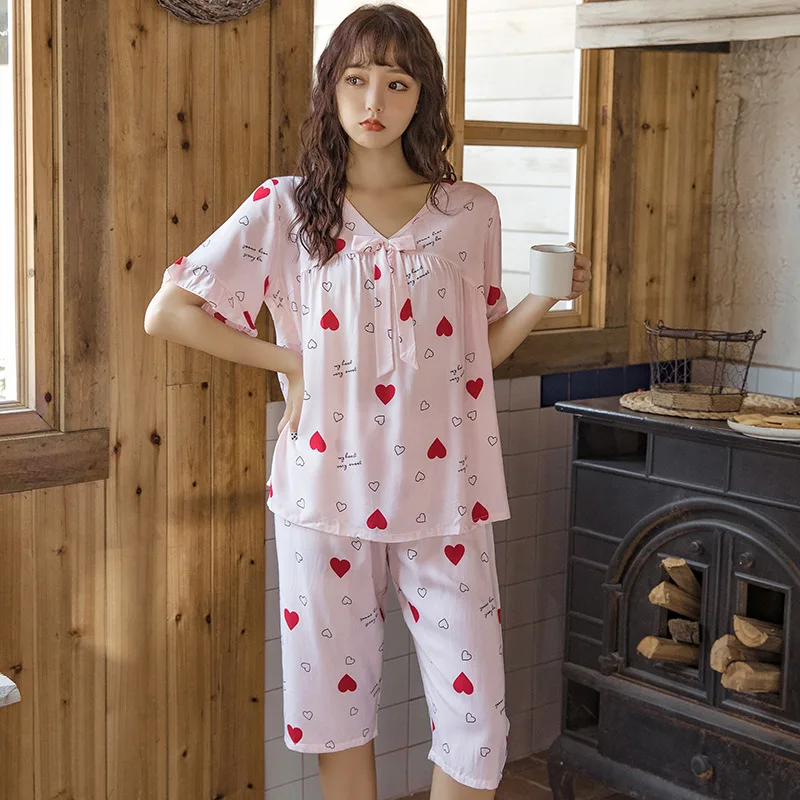 Nye Sommer Pyjamas, der Passer mine Damer kortærmet Beskåret Bukser Bomuld, Viscose Passer til V-hals Tynd Sektion Søde Bue Home Service