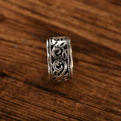 925 sterling sølv smykker retro Thai sølv hul mønster overførsel mænds sølv ring, der kan roteres