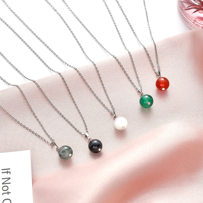 Kvinder Rustfrit stål O-kæde tynd Hvid, rød, pink, grøn Naturlig krystal sten smykker Vedhæng 10mm engros halskæde